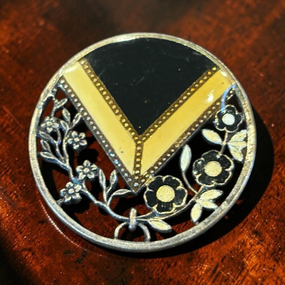 Art Deco Black Yellow Enamel Floral Brooch Geometric Machine Age Pin